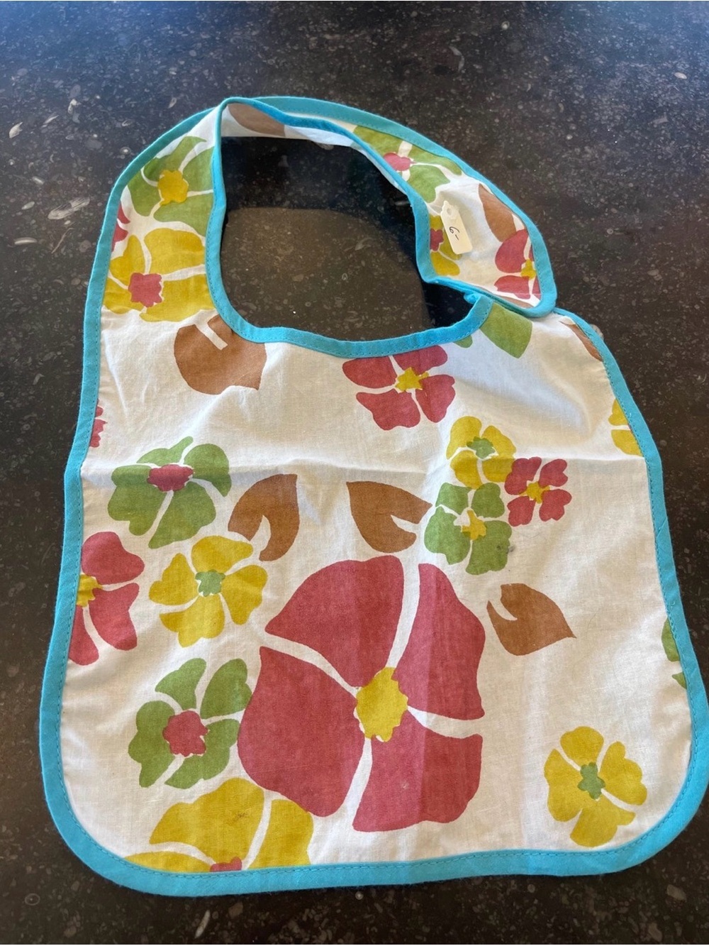 Floral Cotton Baby Bib with Turquoise Trim - Pink, Yellow & Green